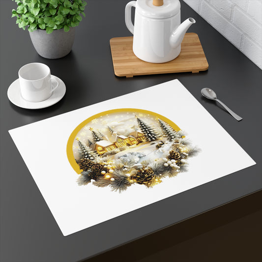 Elegant Christmas placemat on a kitchen table featuring a glowing winter cabin scene with snow-covered pine trees for festive holiday table decor.