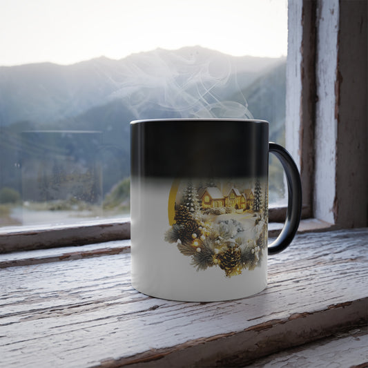 Heat sensitive color changing mug revealing a cozy glowing winter cabin nestled in snow-covered pine trees on a rustic wooden windowsill.   
