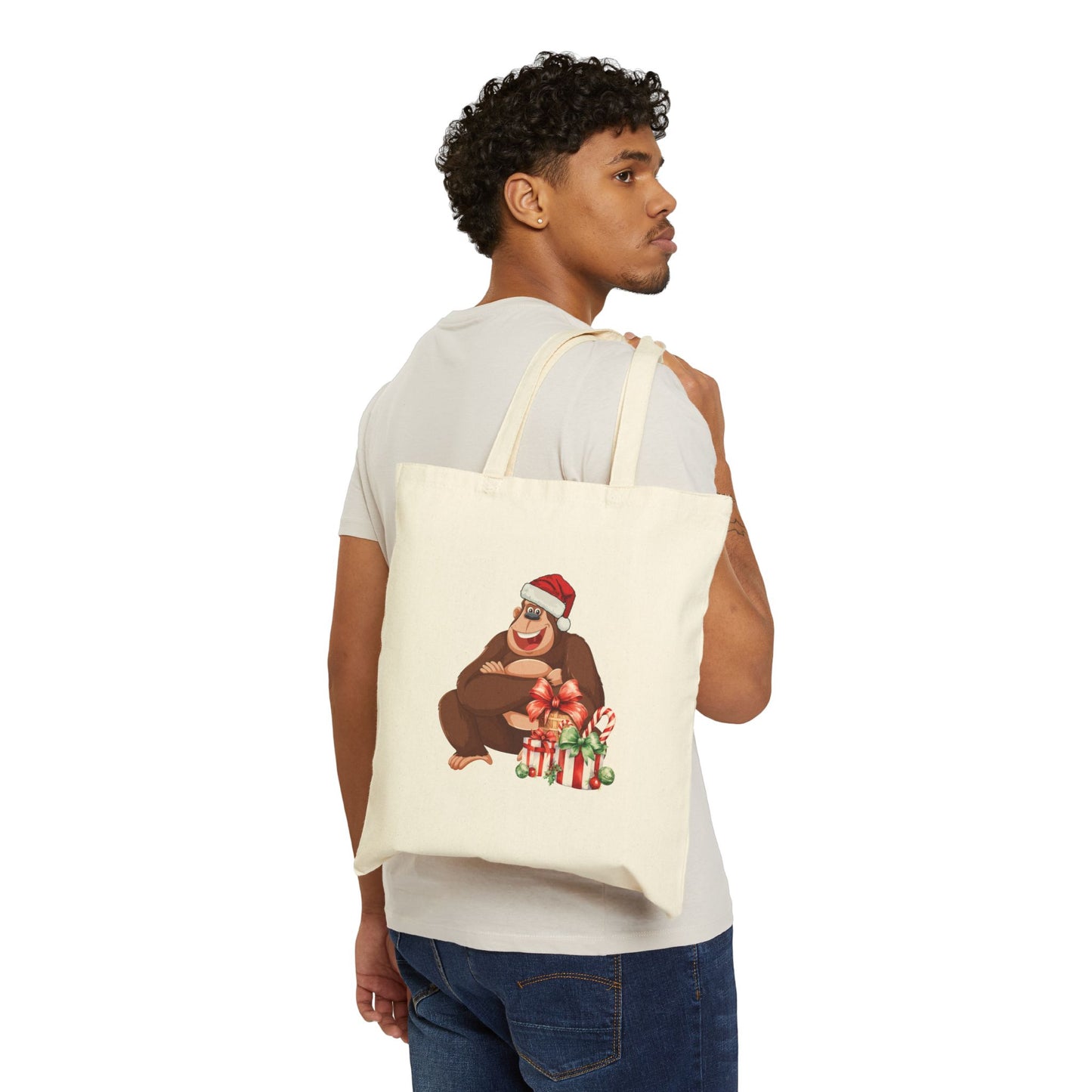 Model carrying Gorilla Christmas beige Tote Bag in NYC Streetwear style.