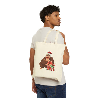 Model carrying Gorilla Christmas beige Tote Bag in NYC Streetwear style.