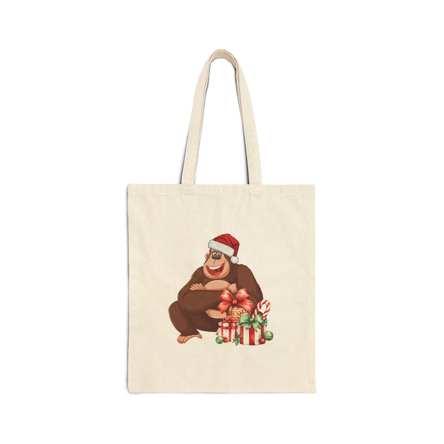 Close-up of Gorilla Christmas Canvas Tote Bag. Funny holiday gift for US stocking stuffer, showing full beige canvas texture.