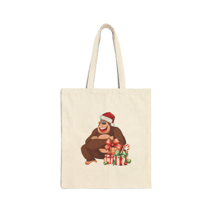 Close-up of Gorilla Christmas Canvas Tote Bag. Funny holiday gift for US stocking stuffer, showing full beige canvas texture.