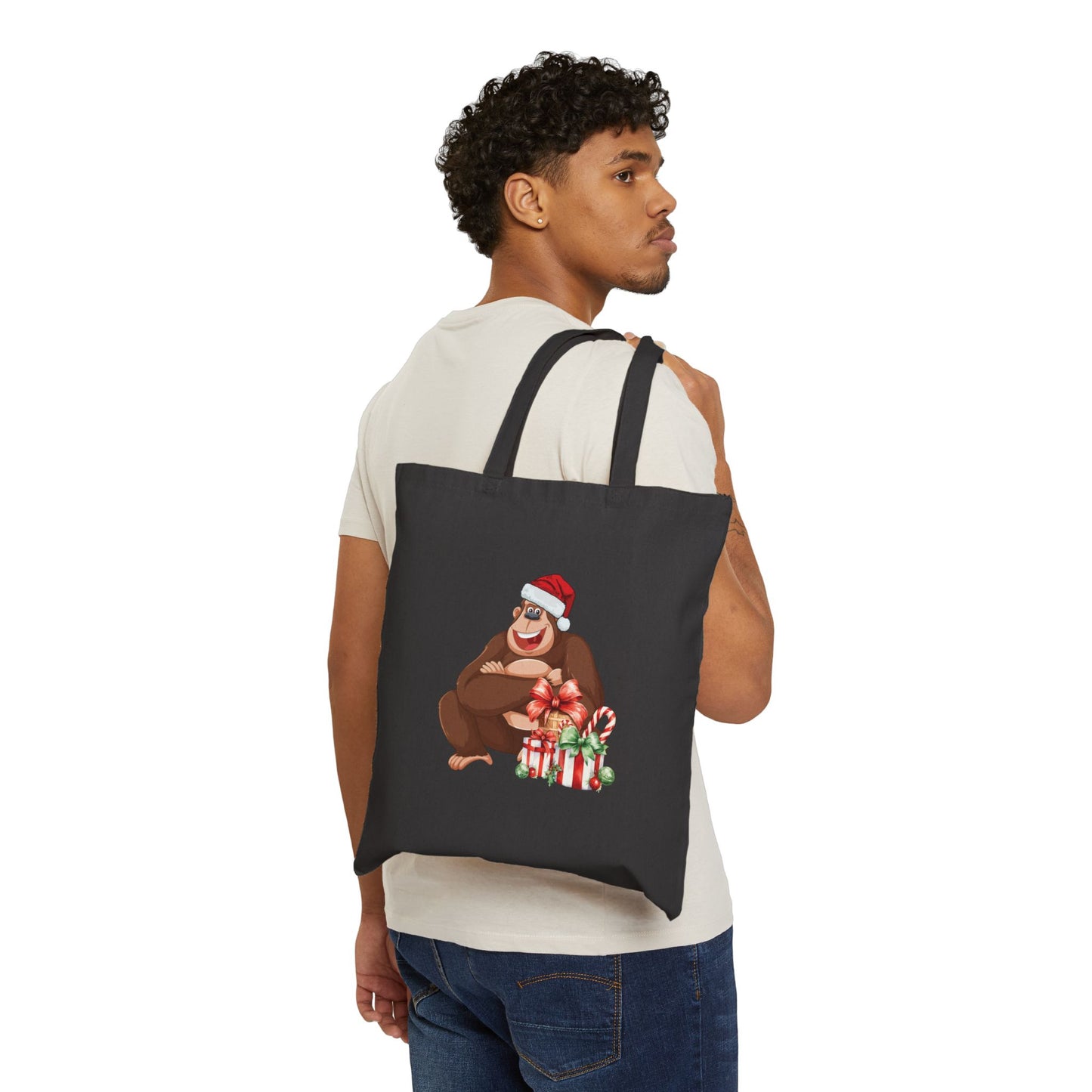 Model carrying Gorilla Christmas black Tote Bag in NYC Streetwear style.