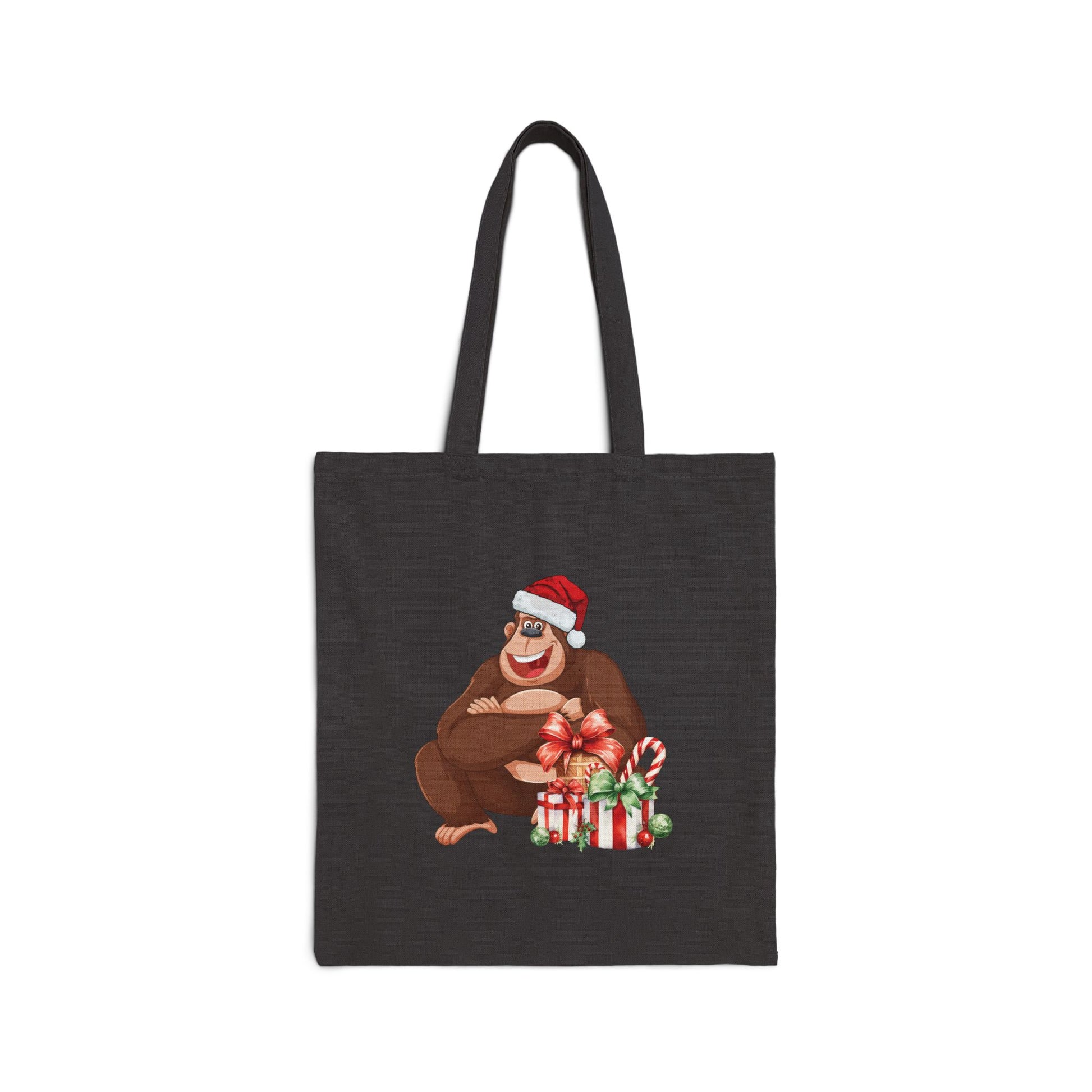 Close-up of Gorilla Christmas Canvas Tote Bag. Funny holiday gift for US stocking stuffer, showing full black canvas texture.