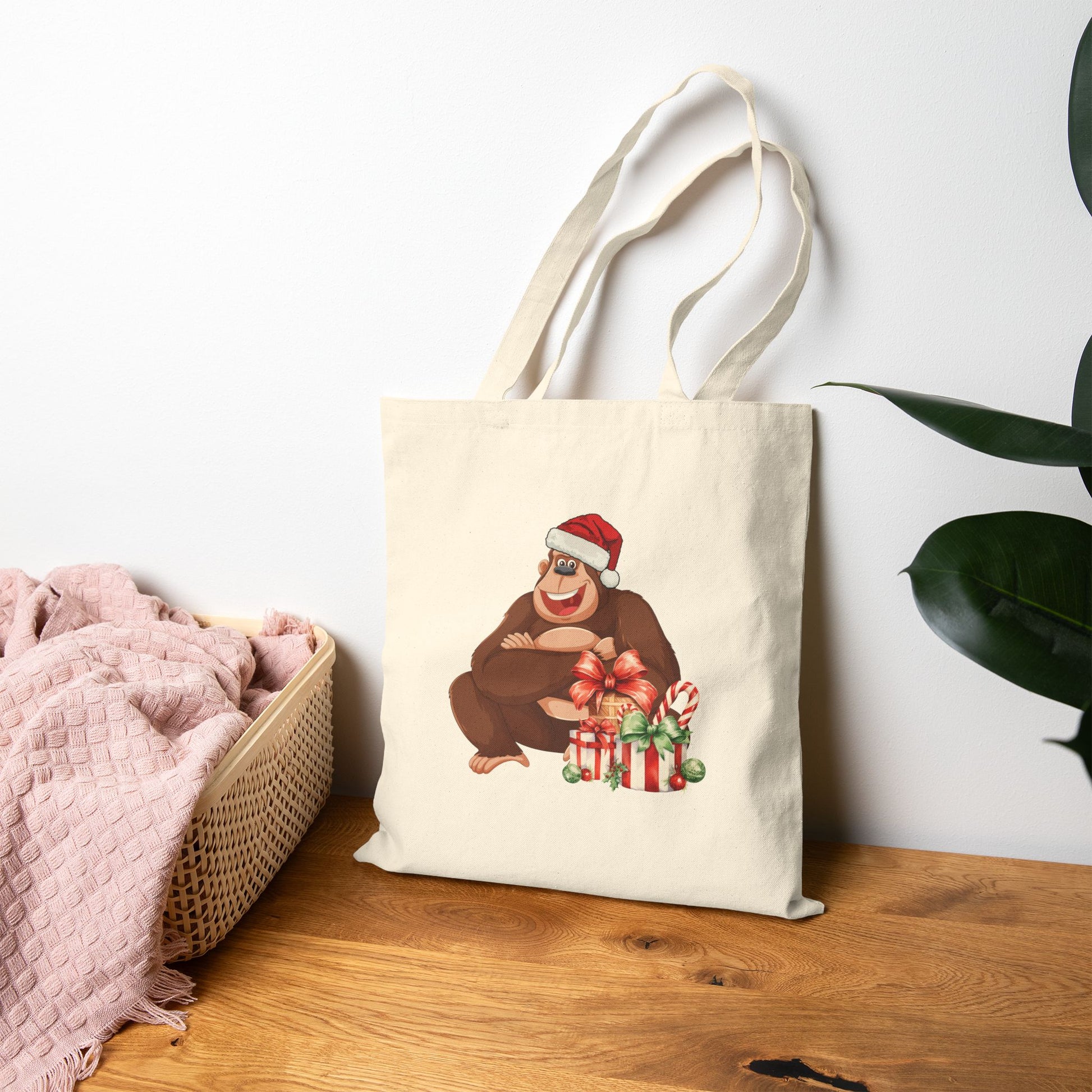 Close-up of Gorilla Christmas Canvas Tote Bag. Funny holiday gift for US stocking stuffer, showing full canvas texture.