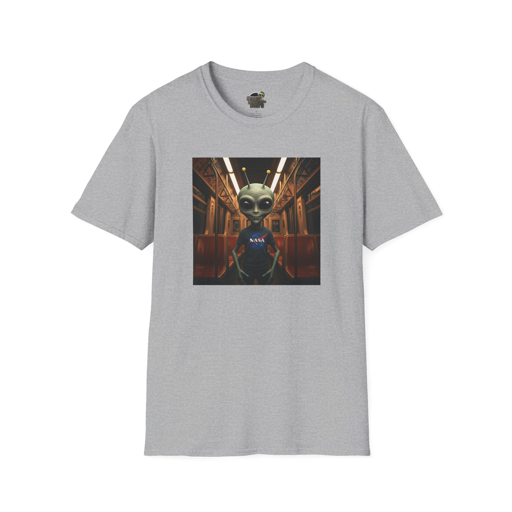 gray Unisex alien in subway T-shirt: funny and modern graphic tee