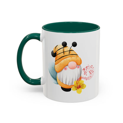 green mug with green c-handle with a cartoon bee gnome design 