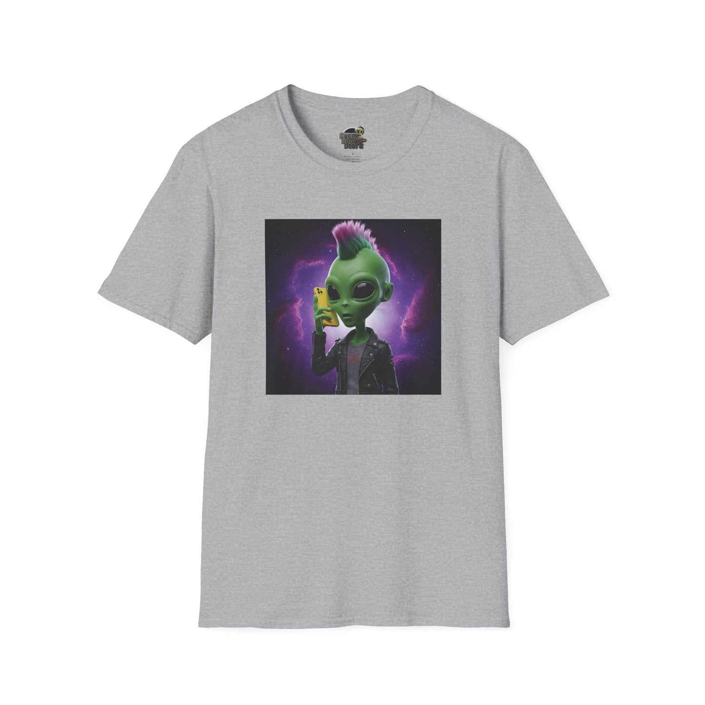 Grey Unisex alien punk t-shirt with mobile phone