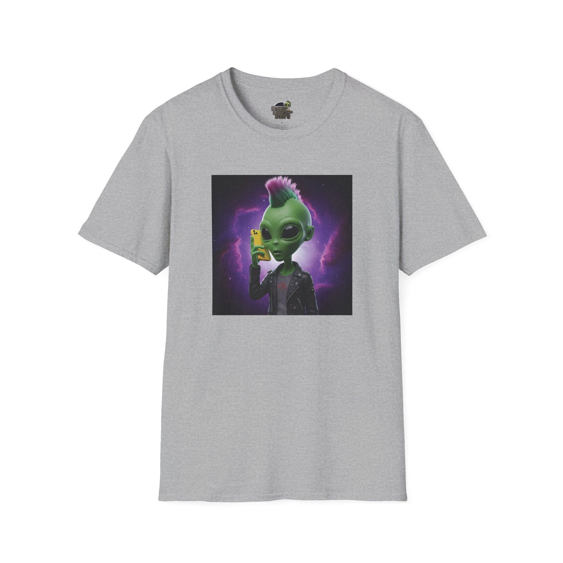 Grey Unisex alien punk t-shirt with mobile phone