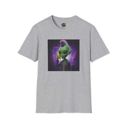 Grey Unisex alien punk t-shirt with mobile phone