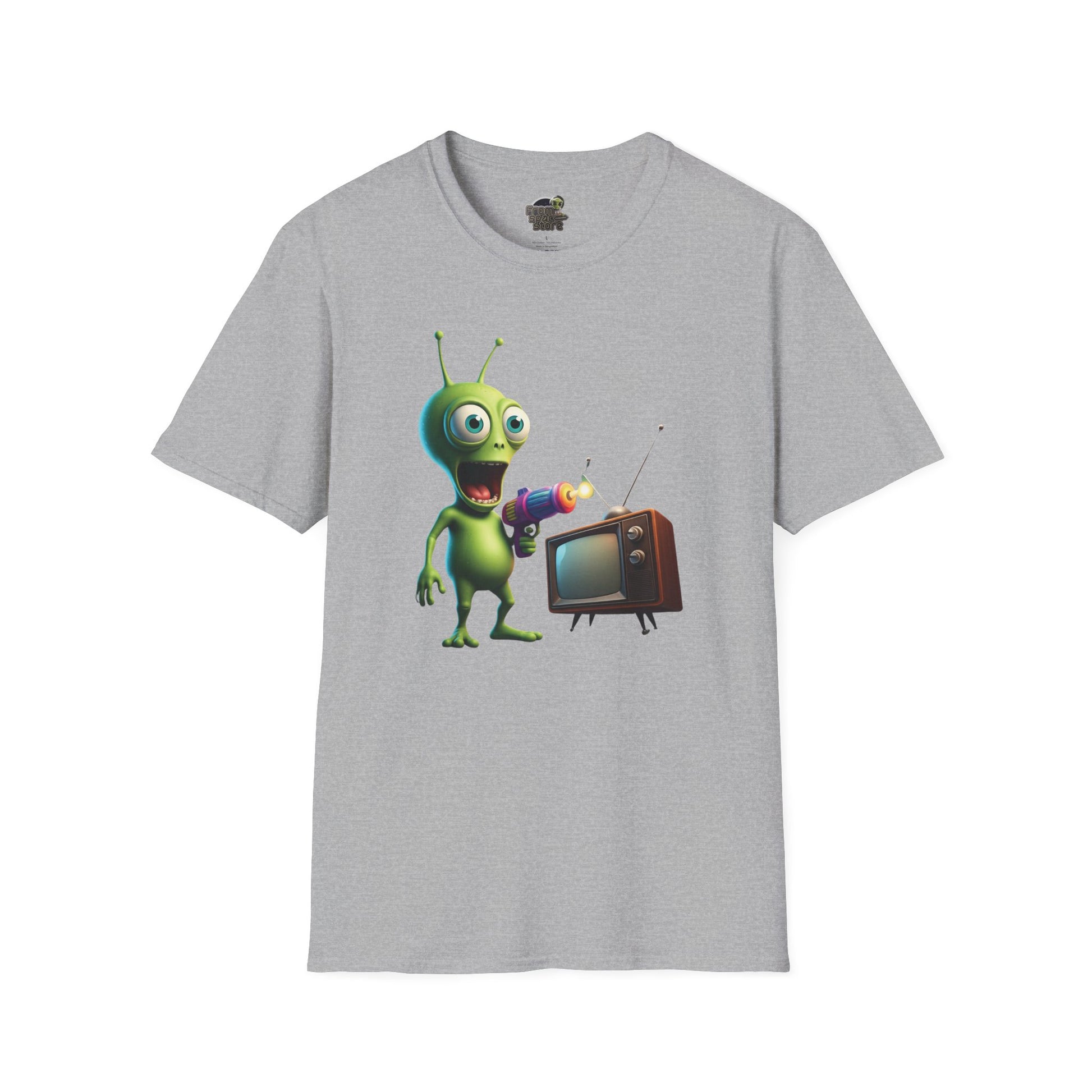 Grey Unisex alien zapping vintage TV t-shirt