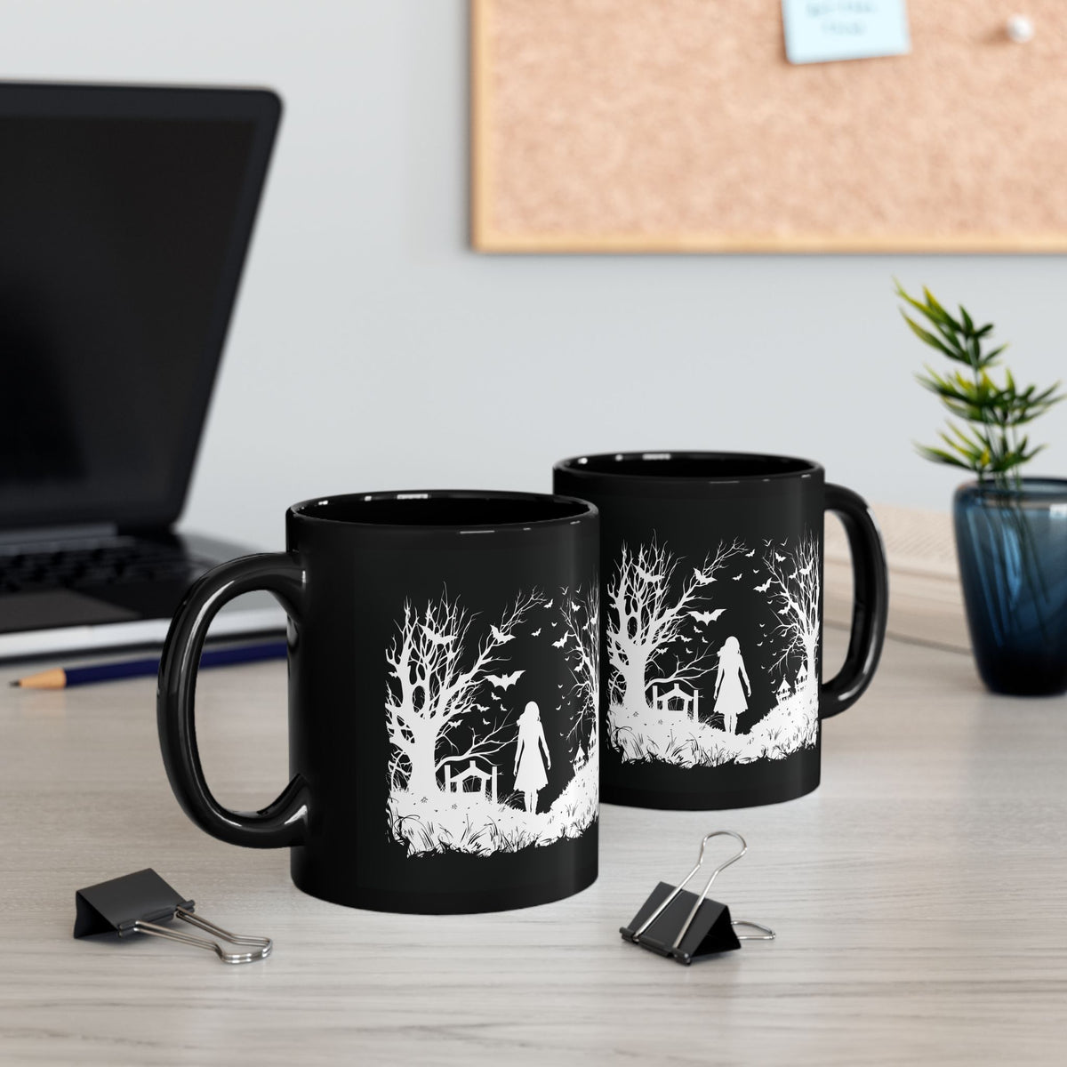 Haunted Forest Halloween mug displayed on office workspace desk with spooky alternative lifestyle accessories.