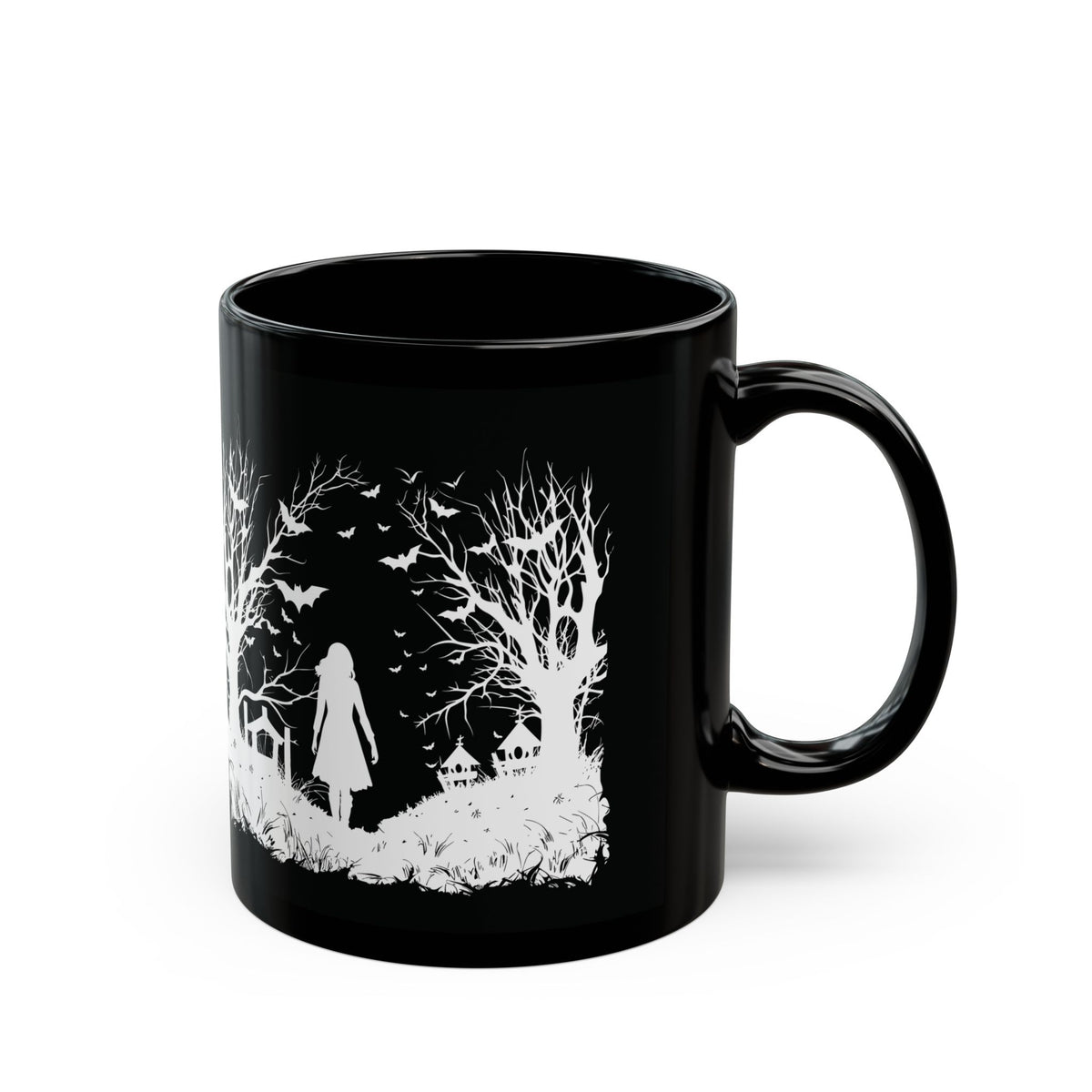Side view of Haunted Forest black ceramic Halloween mug featuring custom alternative dark graphics
