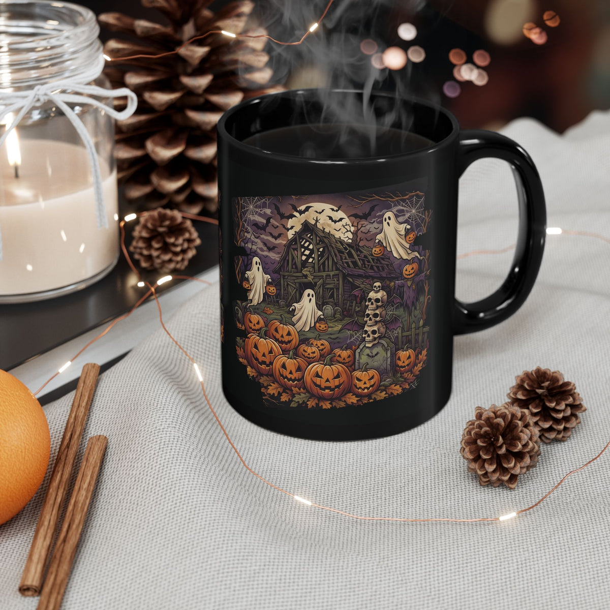Haunted Hollows spooky Halloween ceramic coffee mug with ghostly pumpkin art on cozy autumn table setting.