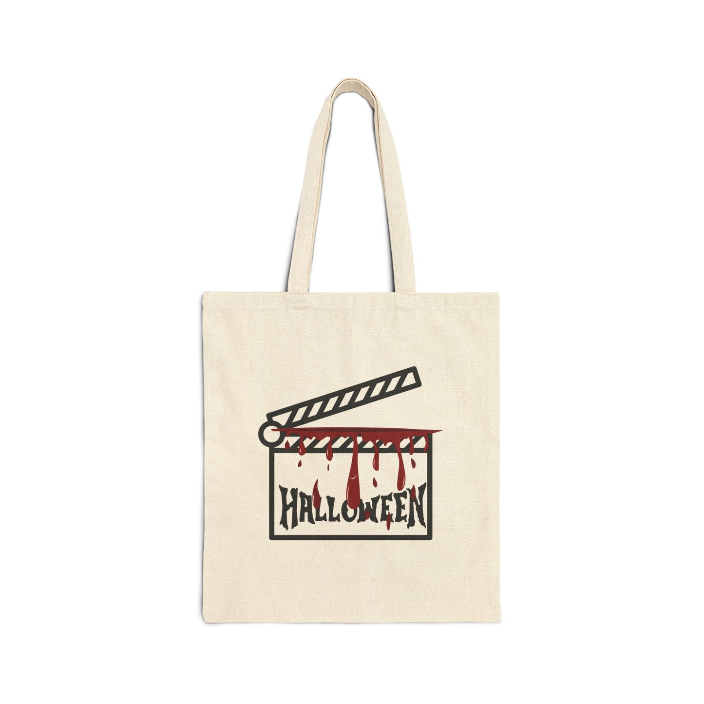Beige tote bag with Halloween-themed design featuring a clapperboard and blood on a white background