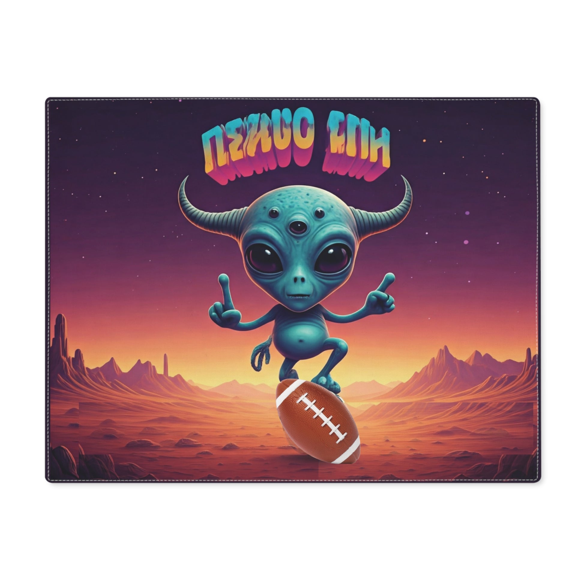 A blue three-eyed alien playing American football on a desert planet under a neon sign.