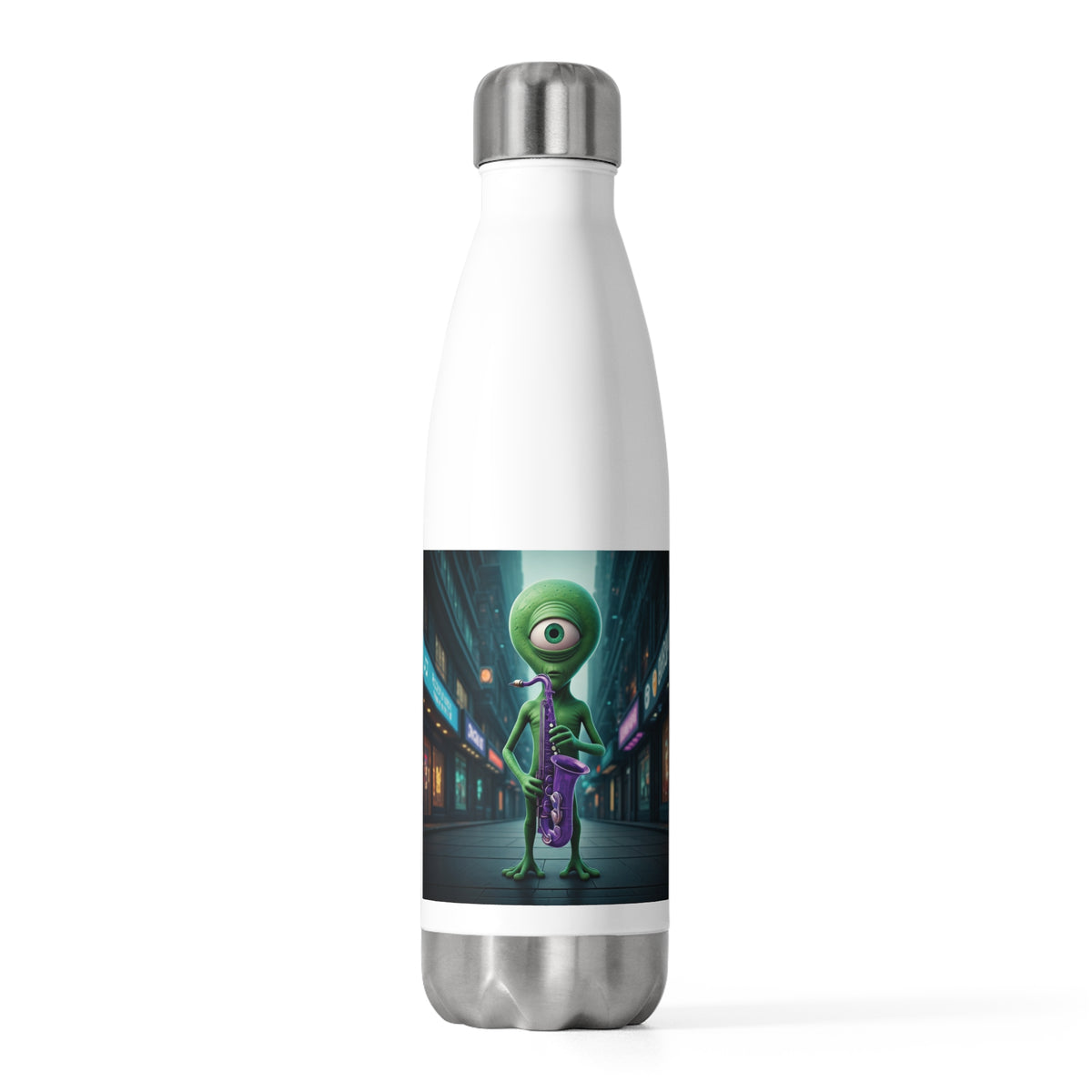 Front studio view of a white stainless steel water bottle displaying a green alien musician playing a sax under neon city lights.