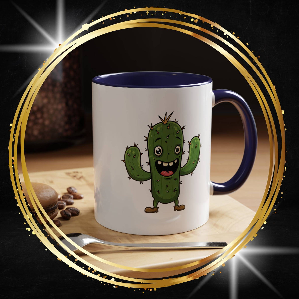 Happy cheerful cartoon cactus illustration printed on a white ceramic coffee mug with a dark blue handle and inner rim, styled on a wooden tray with coffee beans and macarons.
