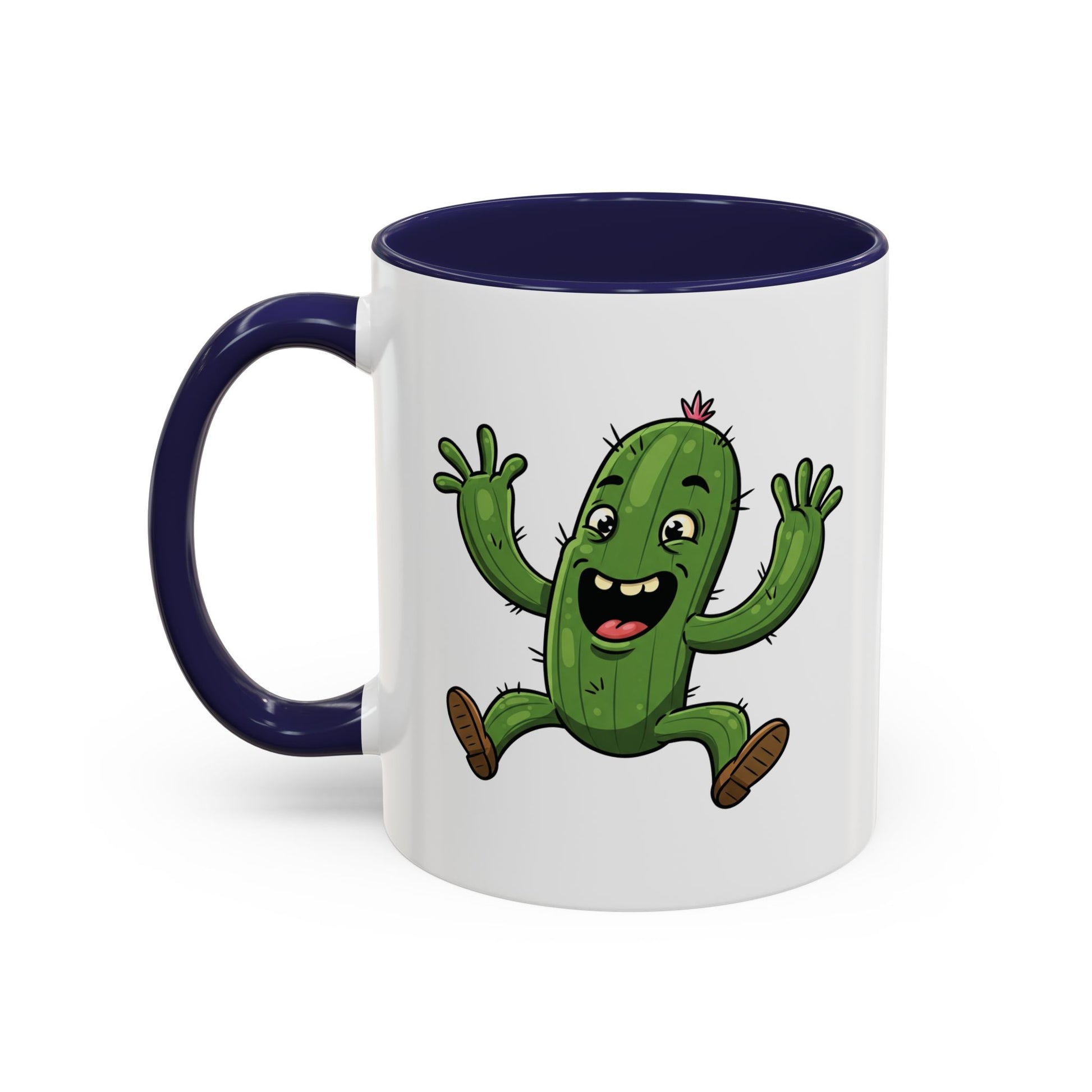 Cactus Mania Happy Jumping Cactus Mug - Cheerful Ceramic Coffee Cup 11oz Navy