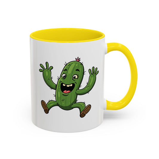 Cactus Mania Happy Jumping Cactus Mug - Cheerful Ceramic Coffee Cup 11oz Yellow
