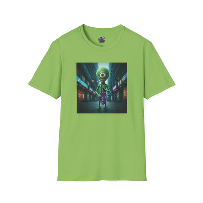 Kiwi Unisex t-shirt alien playing saxophone in city night