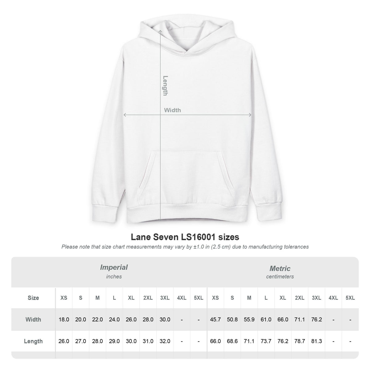 Lane Seven LS16001 hoodie size chart and measurements guide for accurate online shopping.
