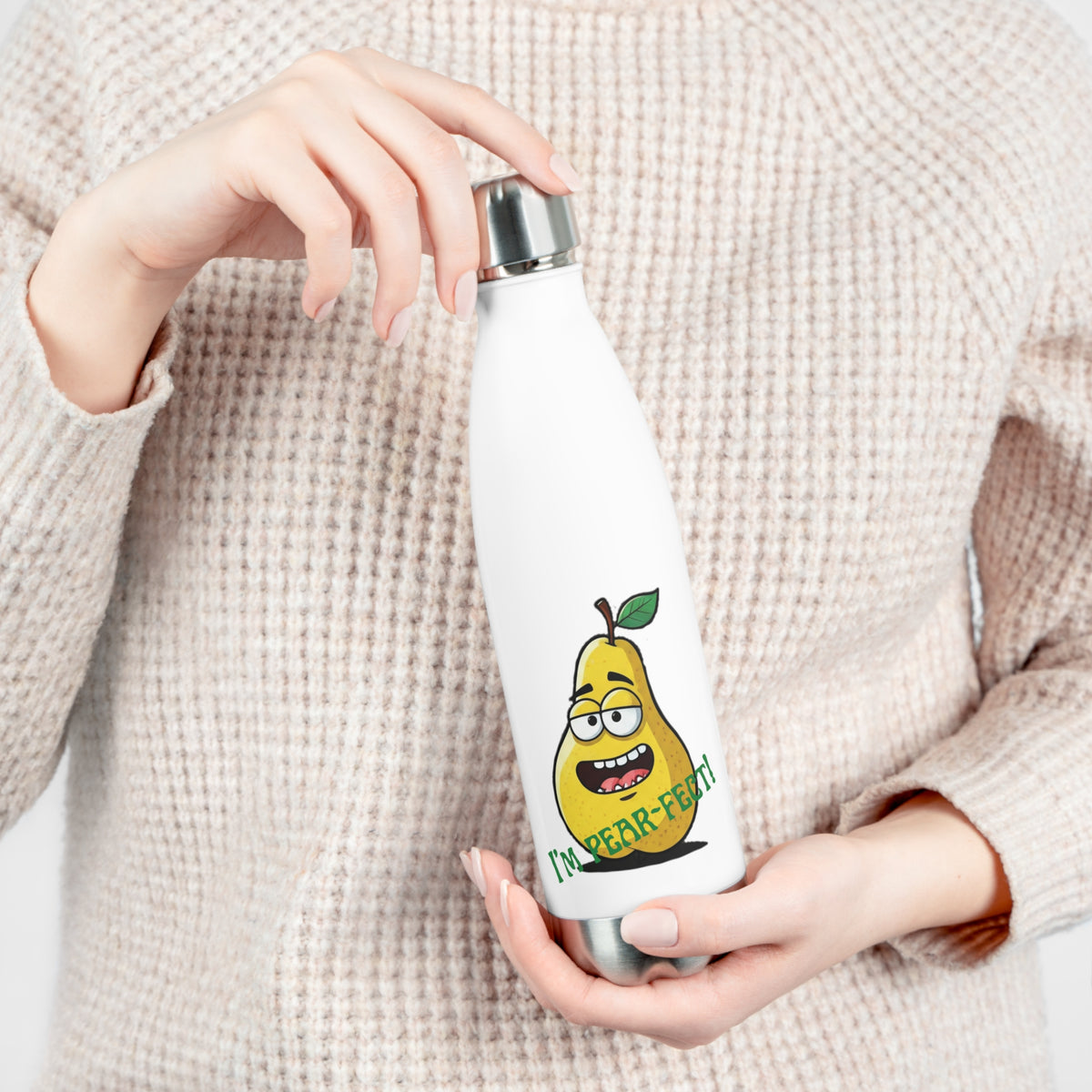 Close-up of hands opening the leak-proof screw cap of a white insulated travel water bottle with funny I'm Pear-fect fruit artwork.