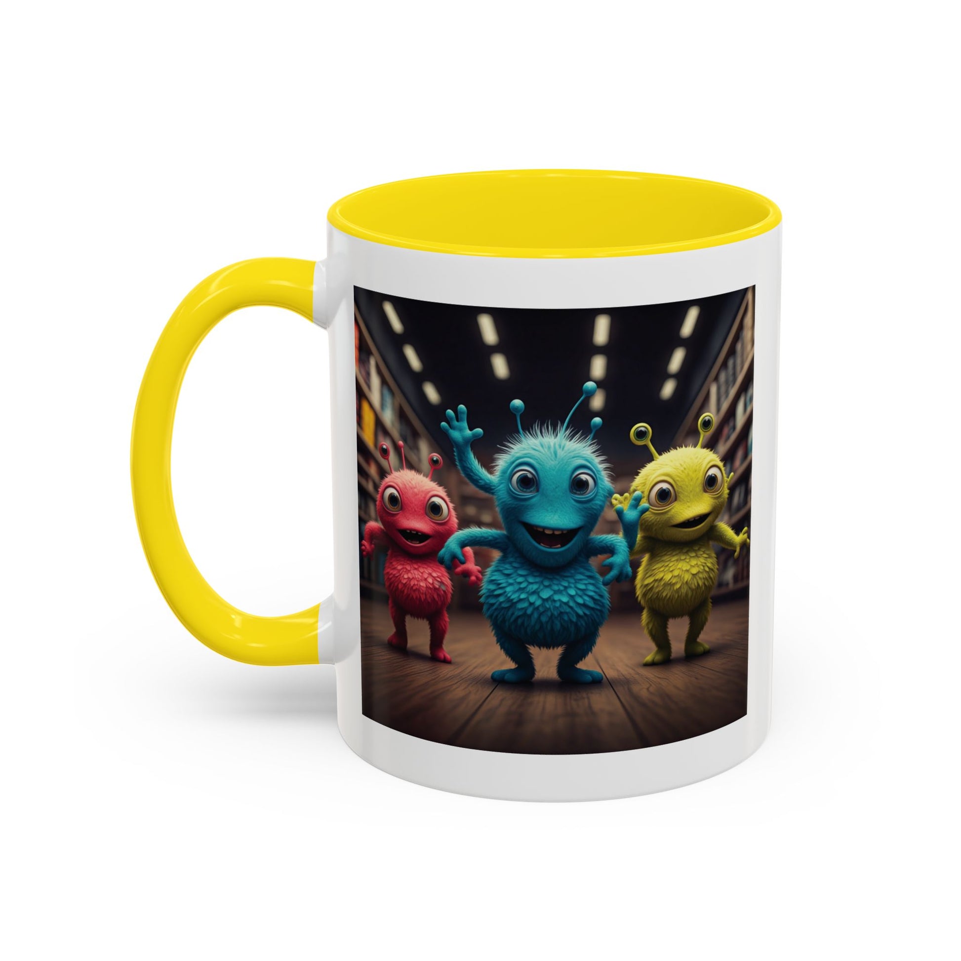 Aliens dancing at a disco on a yellow mug