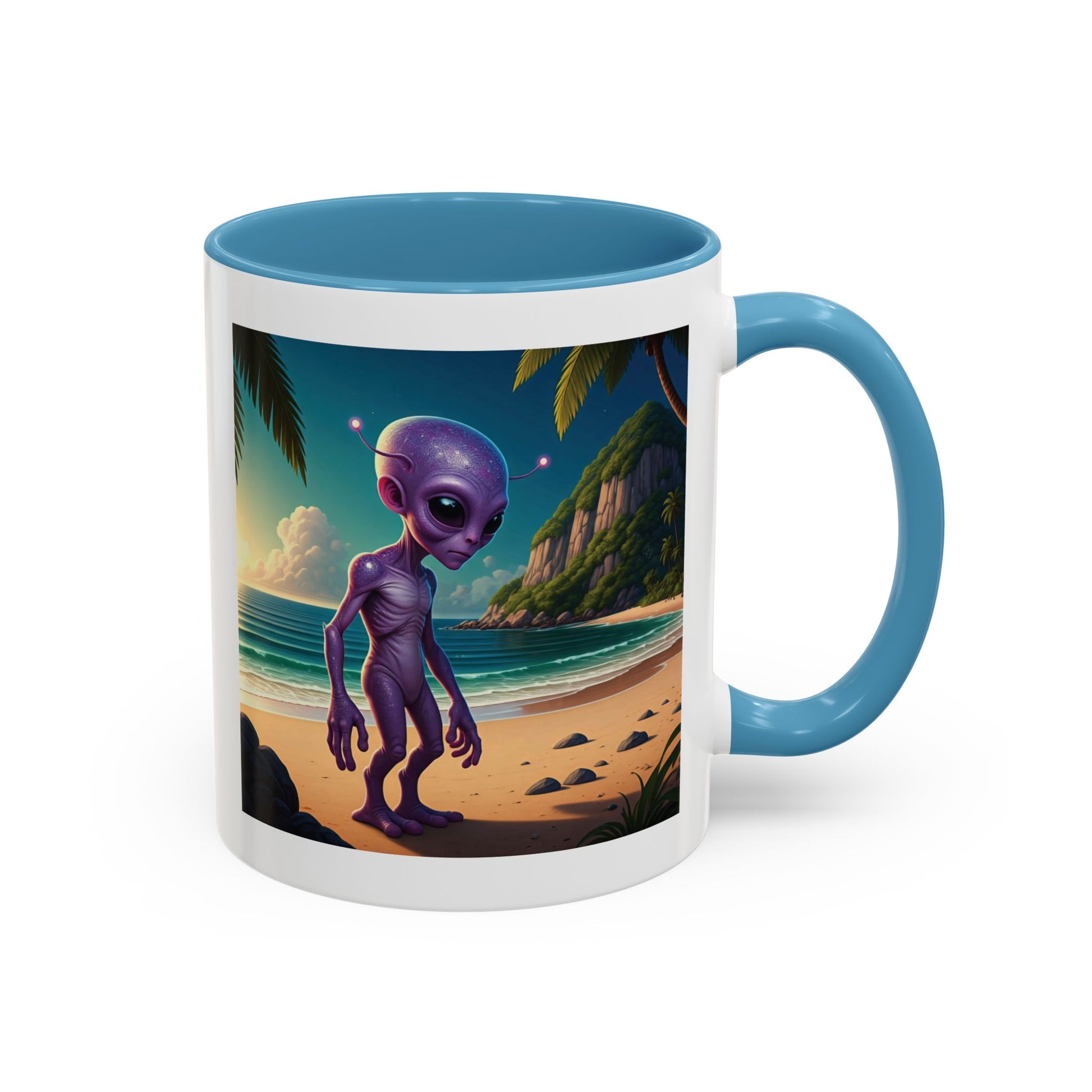 Alien enjoying the beach on a light Blue inside novelty mug