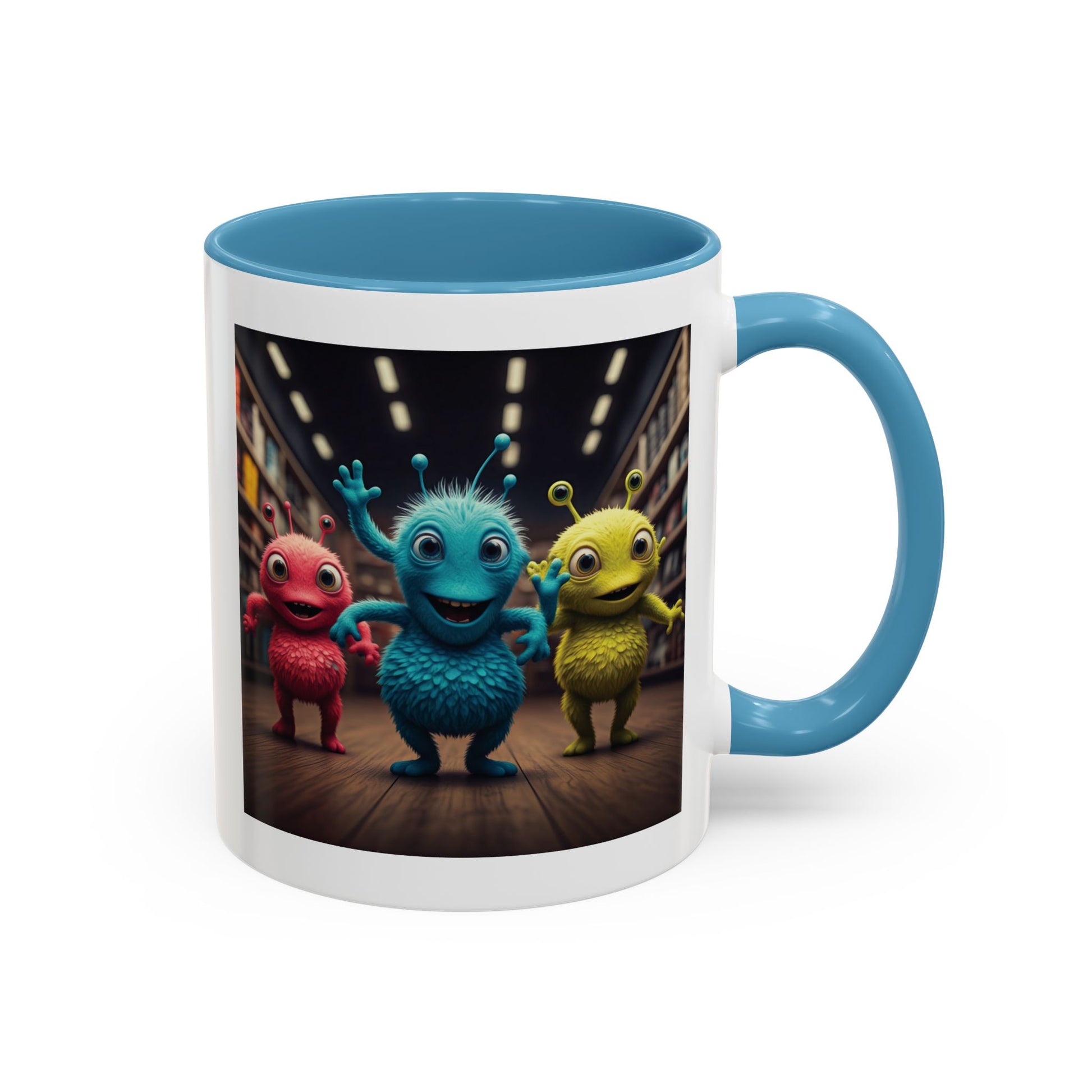Aliens dancing at a disco on a light blue mug