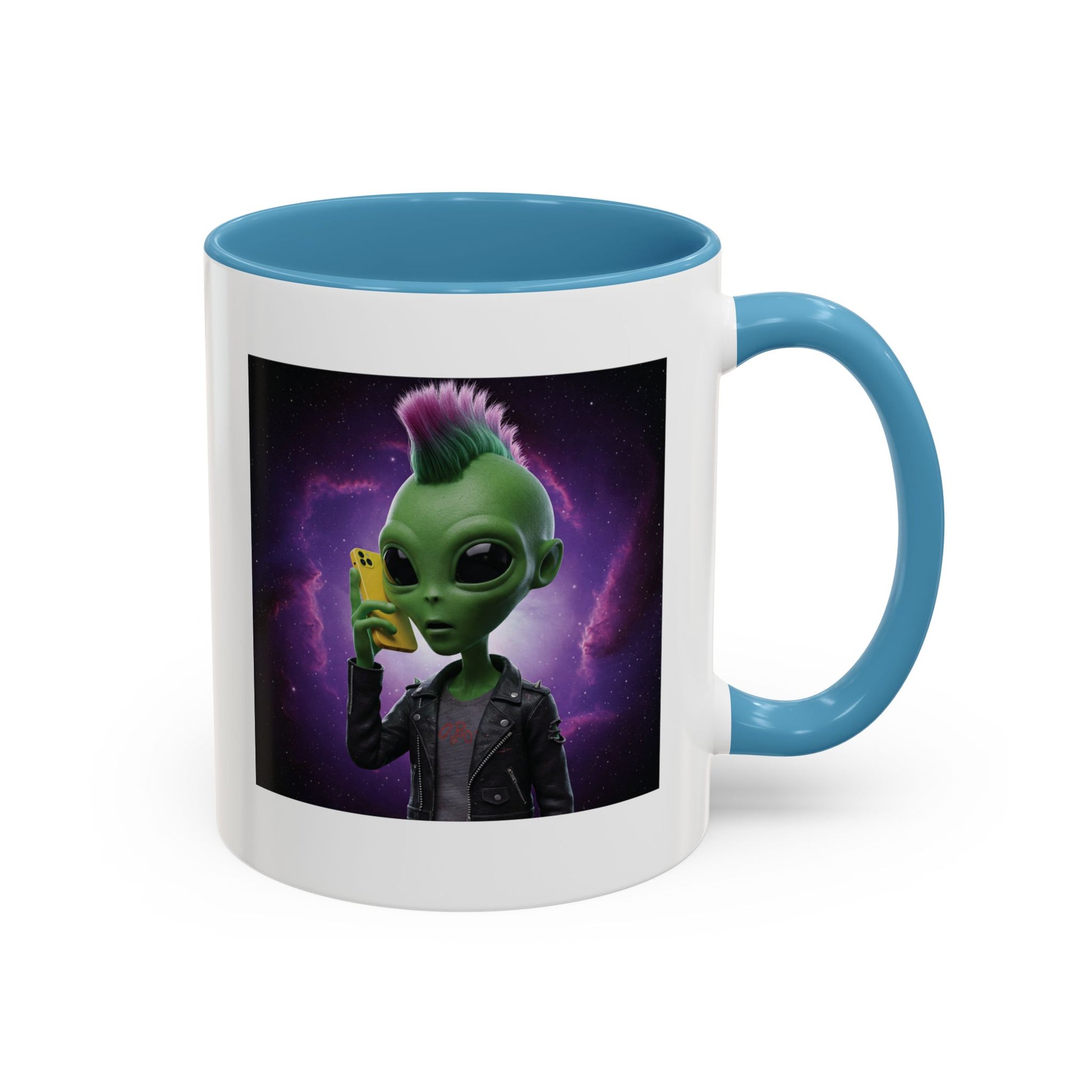 Alien punk with mobile phone light Blue mug
