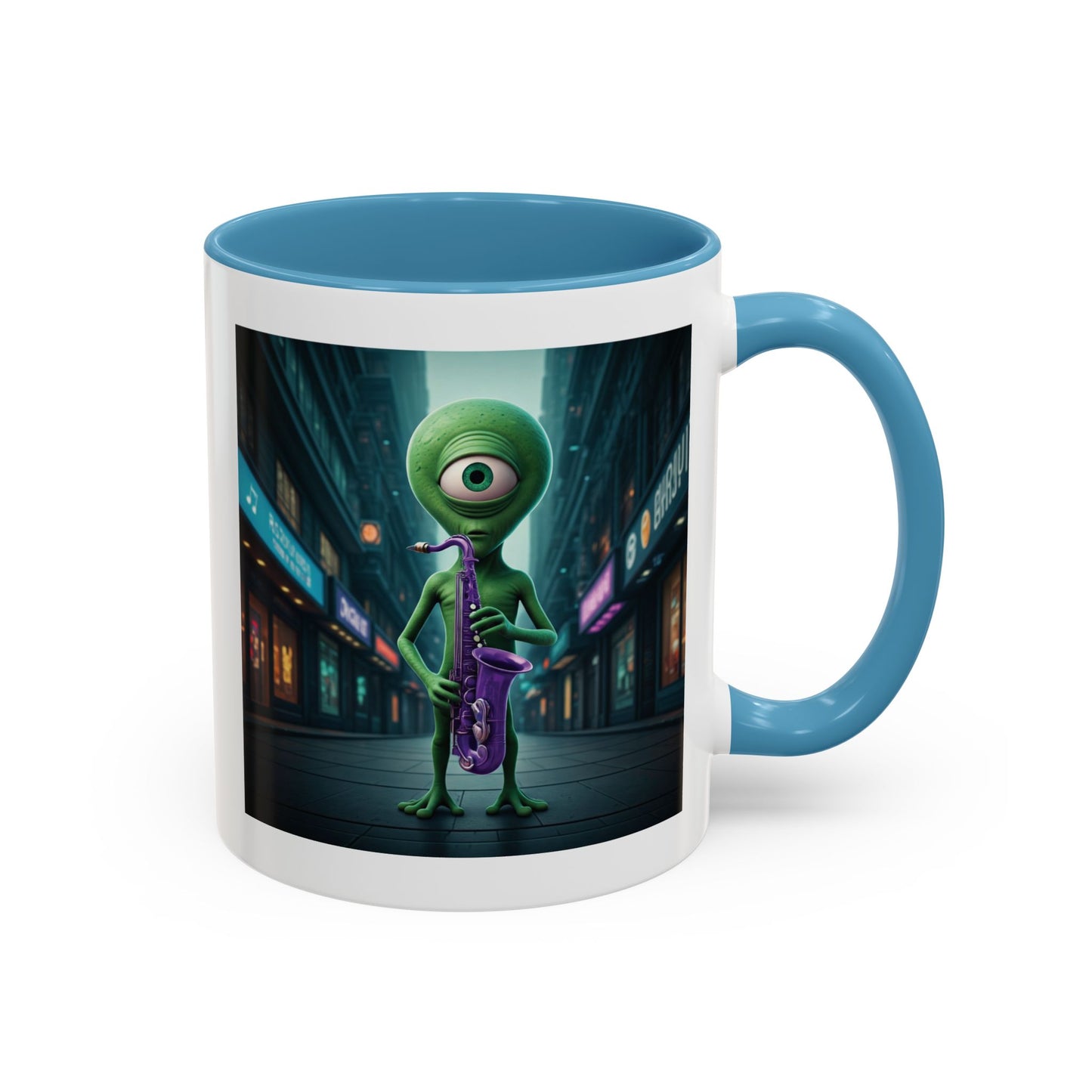 Alien sax player on a light mug