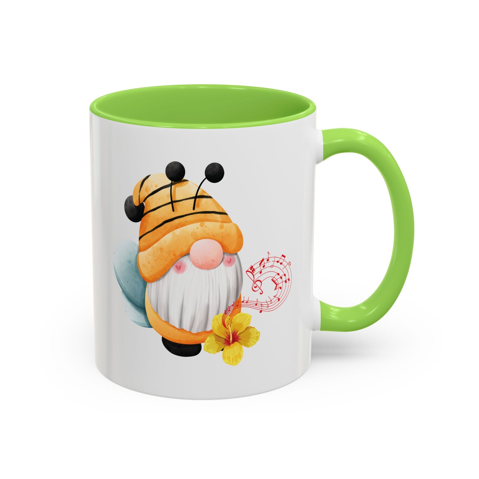 green mug with green c-handle with a cartoon bee gnome design 