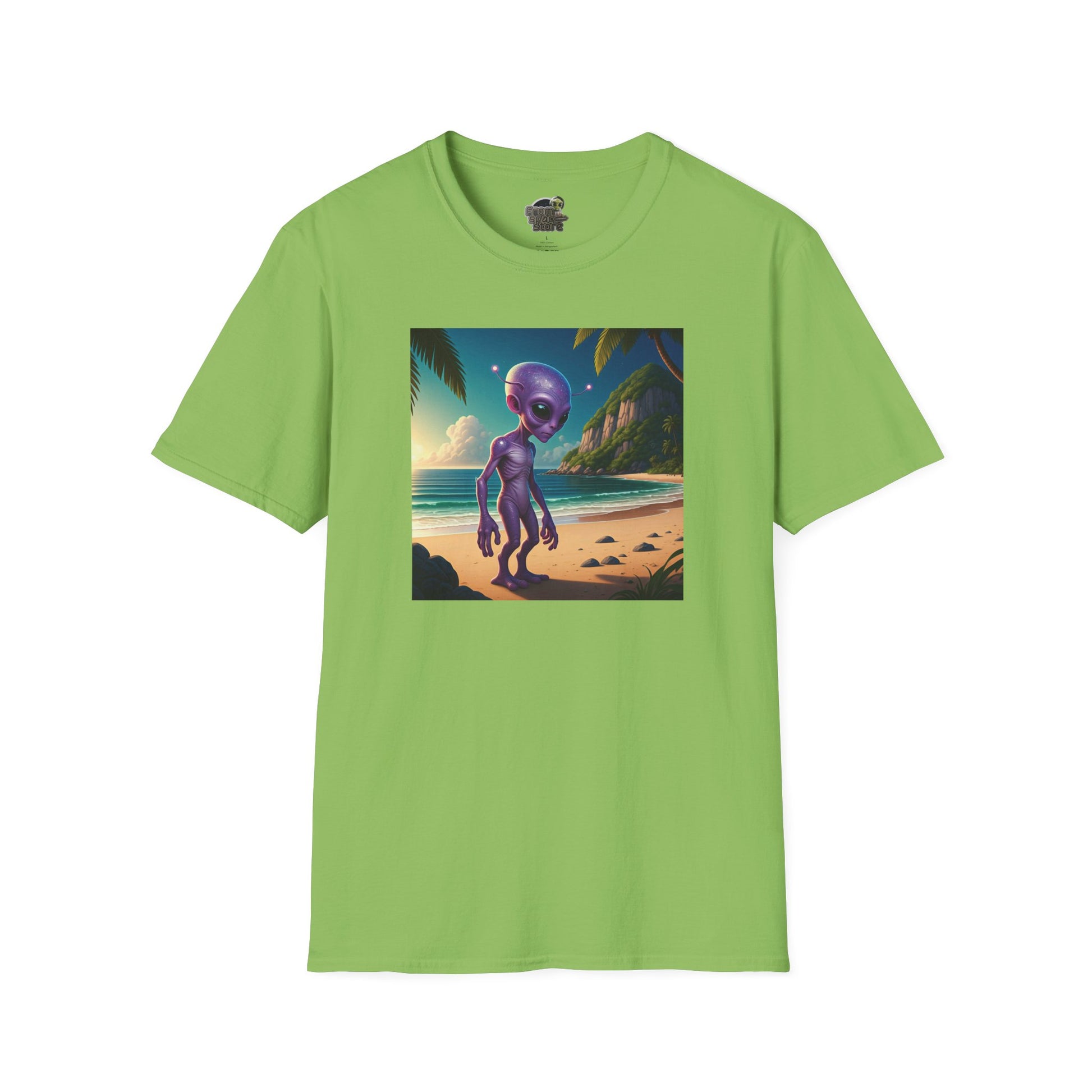 Alien at beach on a kiwi unisex t-shirt graphic