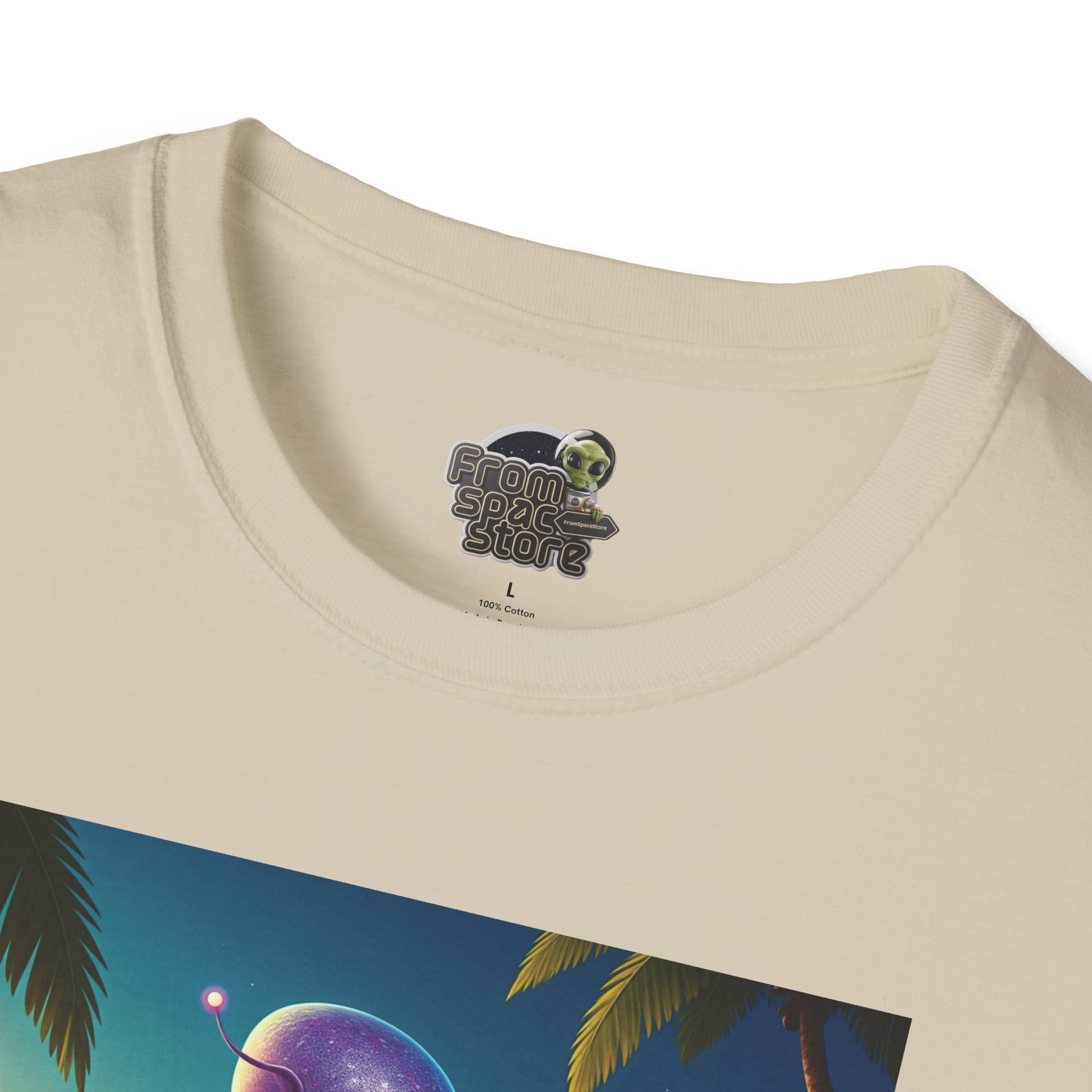 logo detail Alien at beach on a white unisex t-shirt graphic
