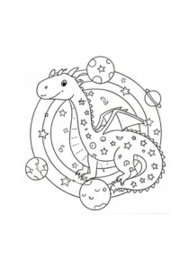 Black and white illustration of a dragon with stars and moons 