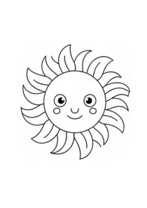 Cartoon sun with a smiling face on a white background, design to color, kids 5-8 years