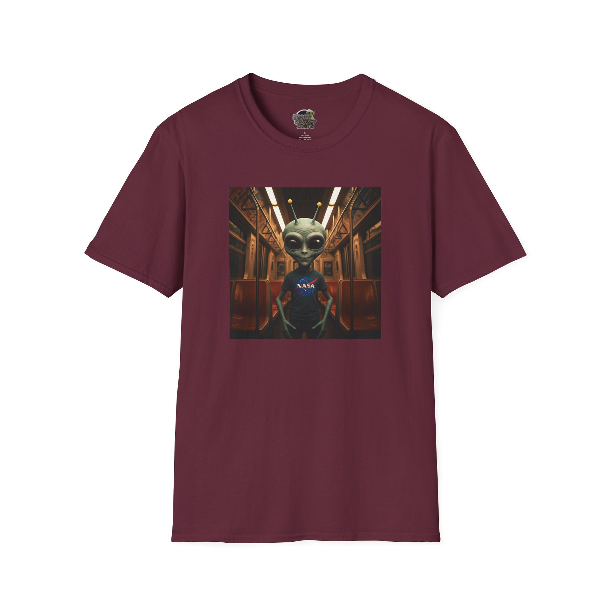 maroon Unisex alien in subway T-shirt: funny and modern graphic tee