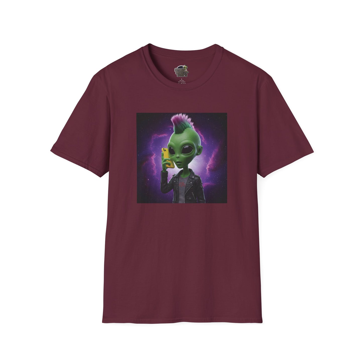 Maroon Unisex alien punk t-shirt with mobile phone