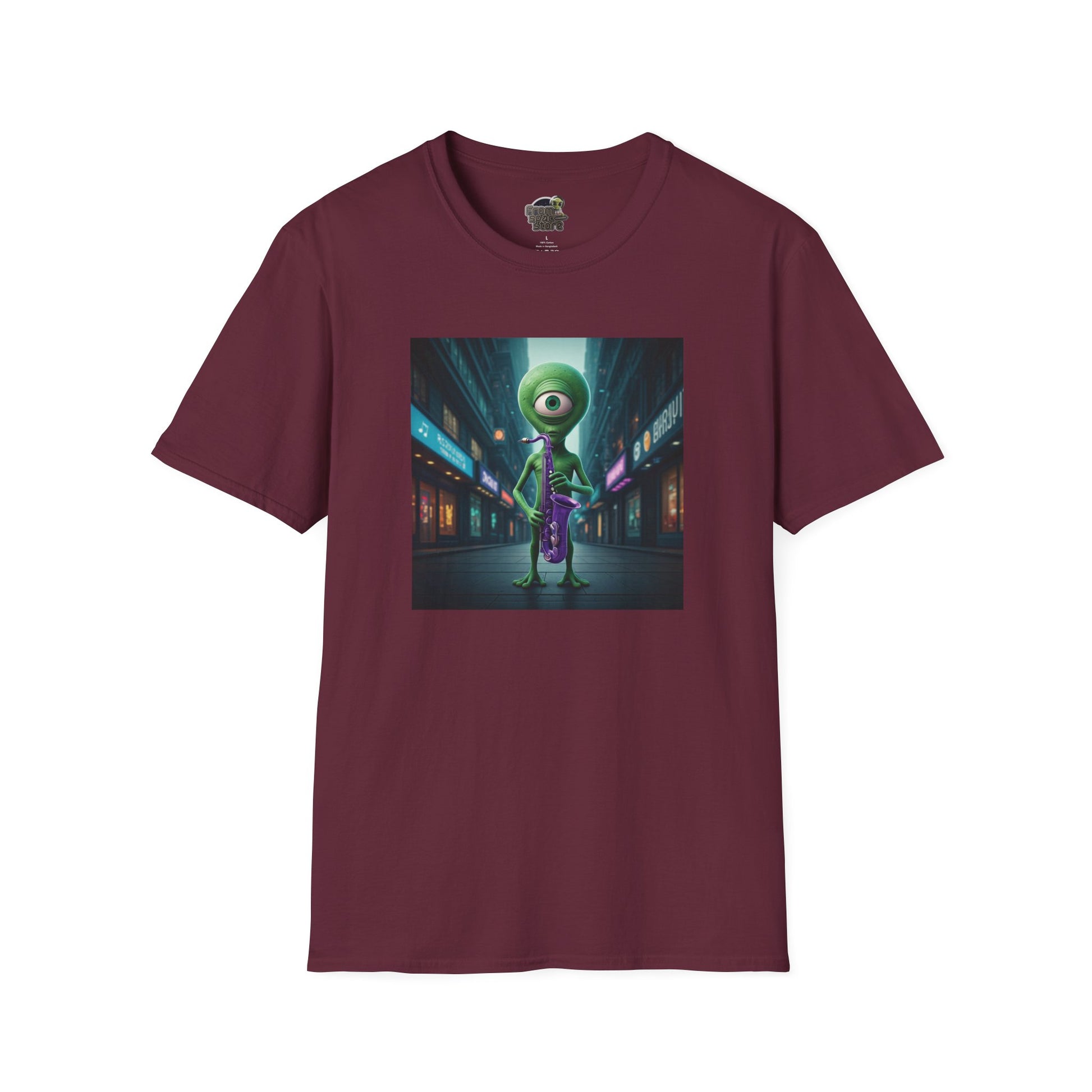 Maroon Unisex t-shirt alien playing saxophone in city night