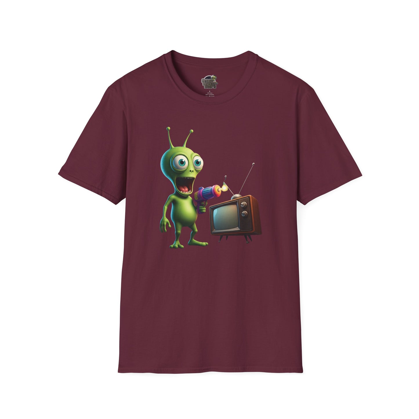 Maroon Unisex alien zapping vintage TV t-shirt