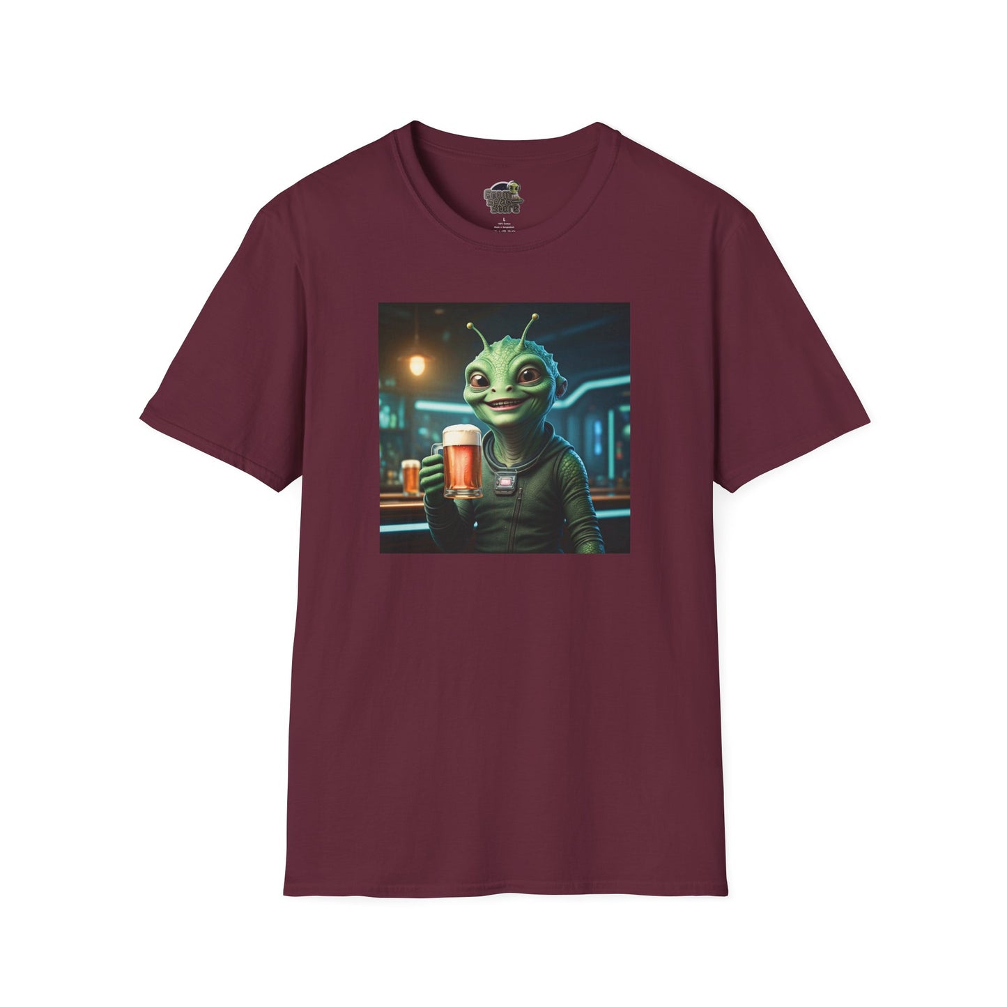 Maroon Unisex alien woman t-shirt with Beer at the pub