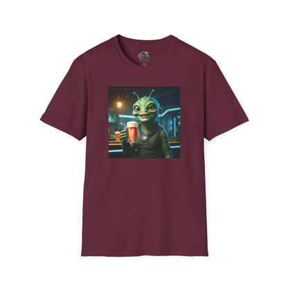 Maroon Unisex alien woman t-shirt with Beer at the pub