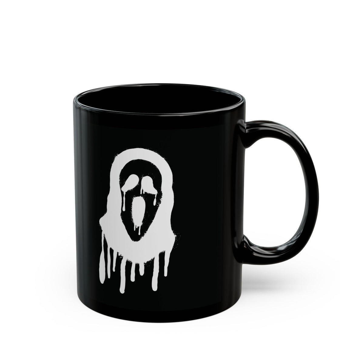 Side view of Melting Horror Mask black ceramic Halloween mug featuring custom thriller graphics.