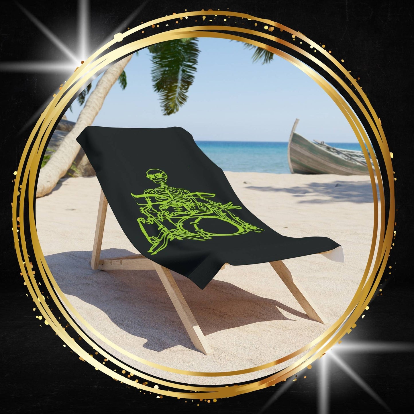 Metal skeleton fluo drummer skeleton beach towel featuring a neon drum kit