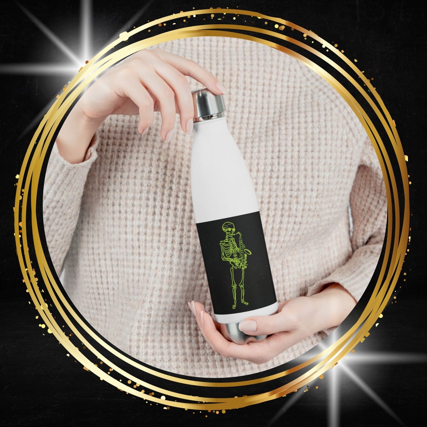 Neon Sax Skeleton Water Bottle | Fluo Metal Jazz Gear