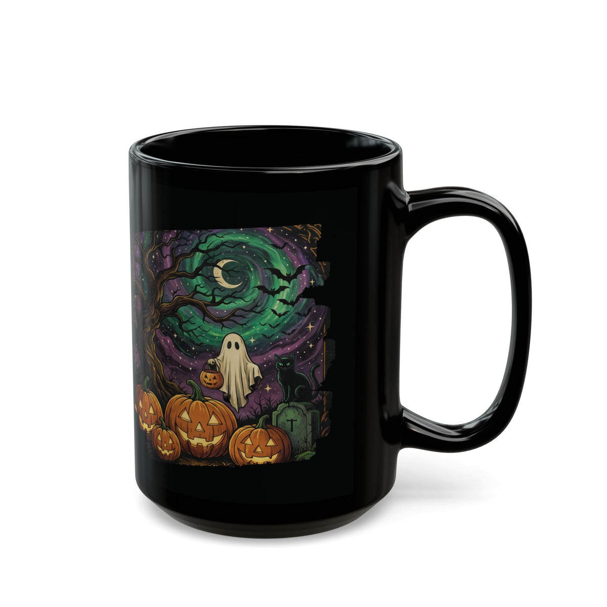 Isolated view of black ceramic Halloween coffee mug with spooky midnight graveyard design.
