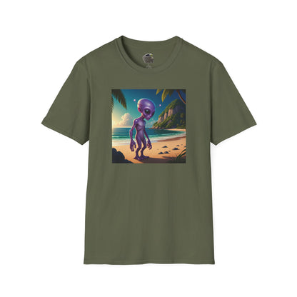 Alien at beach on a military green unisex t-shirt graphic