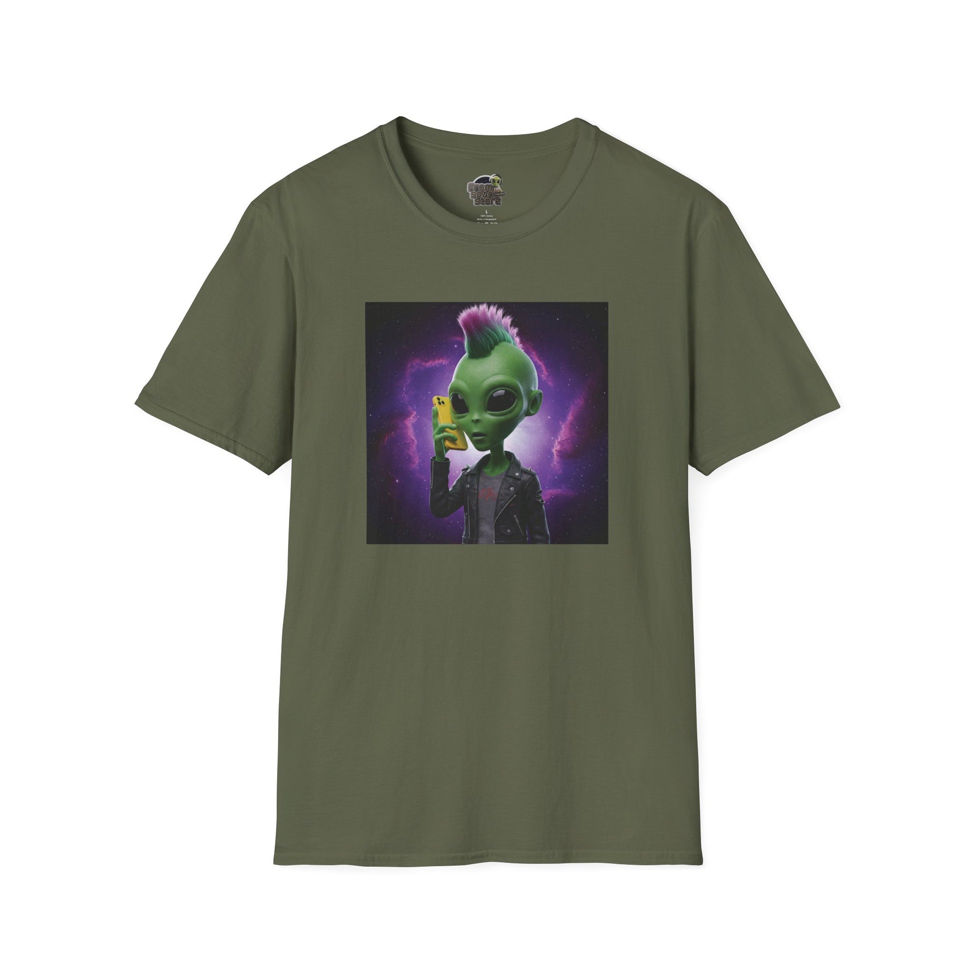 Military green Unisex alien punk t-shirt with mobile phone