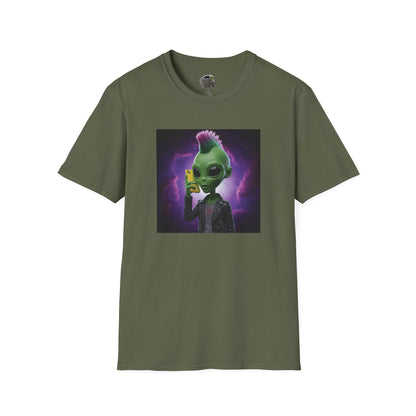 Military green Unisex alien punk t-shirt with mobile phone